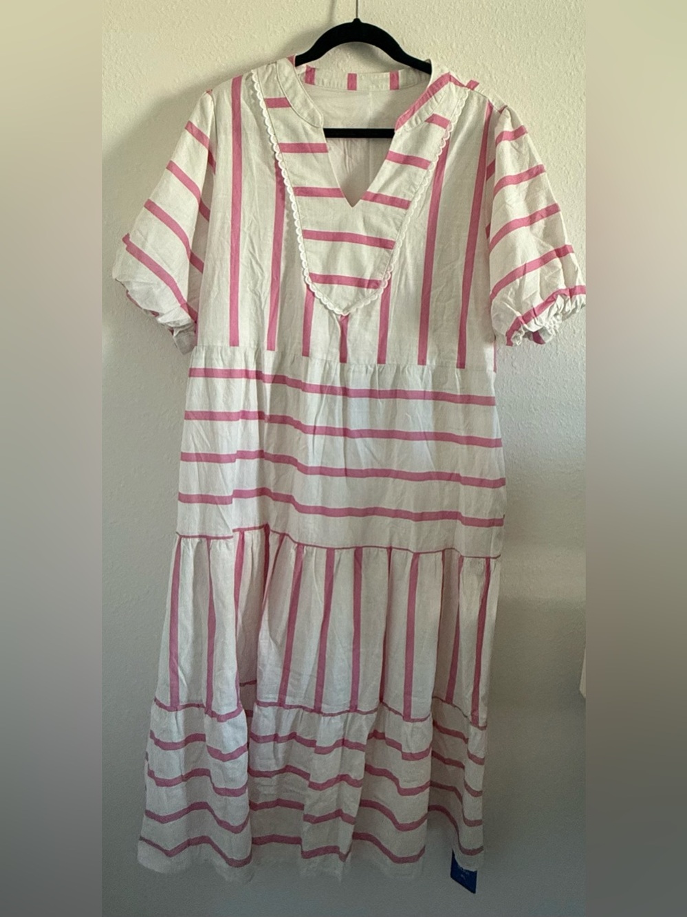 Women's Pink Stripe Midi Dress - Relaxed V-Neck Tiered Design